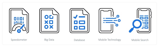 A set of 5 mix icons as speedometer big data database