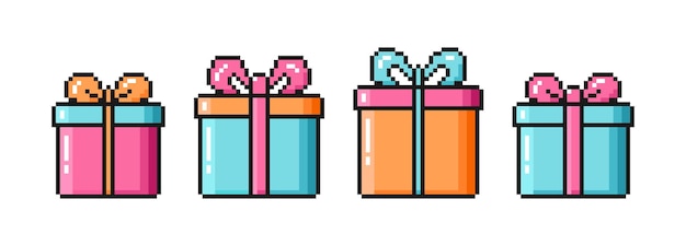 Set of gift boxes with colorful ribbon bows in pixel art style christmas and birthday presents