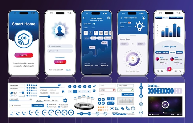 A set of UI UX elements for smart home management mobile apps an interface with buttons panels graphs and navigation for monitoring and controlling automation systems