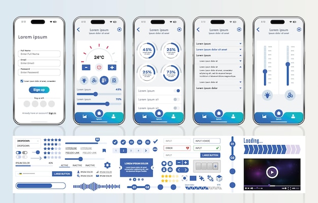 A set of UI UX elements for smart home management mobile apps an interface with buttons panels graphs and navigation for monitoring and controlling automation systems