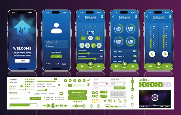 A set of UI UX elements for smart home management mobile apps an interface with buttons panels graphs and navigation for monitoring and controlling automation systems