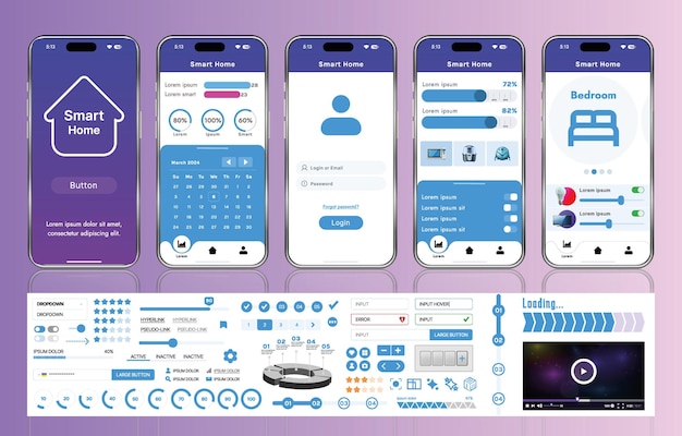 A set of UI UX elements for smart home management mobile apps an interface with buttons panels graphs and navigation for monitoring and controlling automation systems