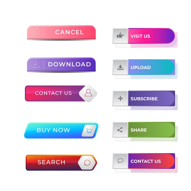 Set of vector modern trendy flat buttons Different colors of main shapes and icons with black outli