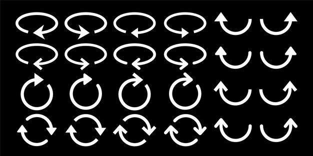 Set of white arrow icons on a black background Arrows in various circular