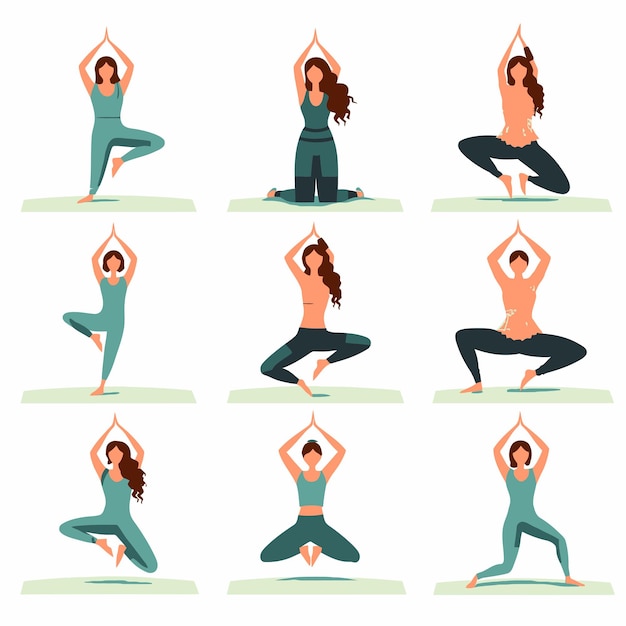 Vecteur set_of_yoga_poses les jeunes femmes font des exercices de yoga