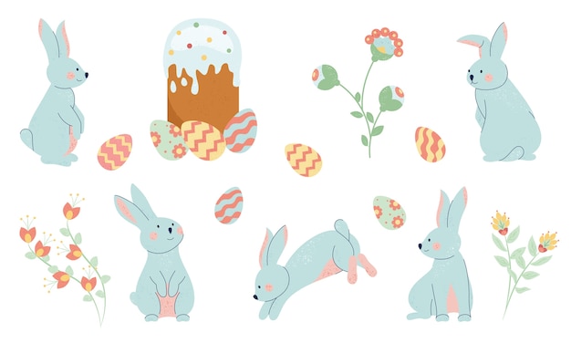 Set original de Pâques dessiné à la main avec des lapins et des œufs de Pâques