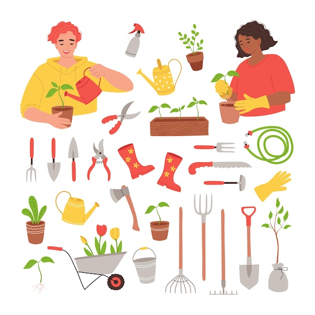 Vecteur set d'outils agricoles et de jardinage pour la culture des plantes