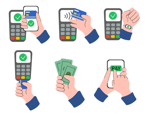 Set de paiement sans contact, sans fil, sans espèces et par contact Les mains payant avec un terminal POS de carte de débit bancaire