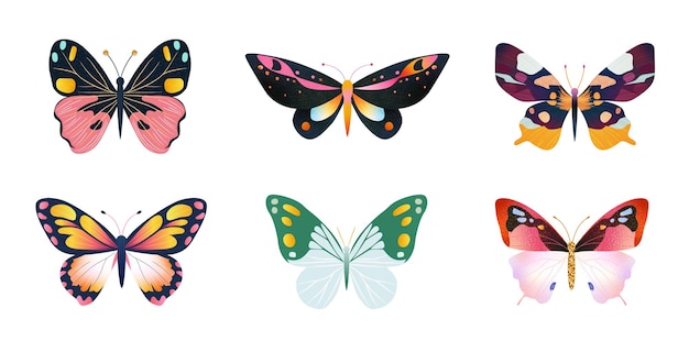 Set de papillons vectoriels colorés sur fond blanc adaptés aux affiches de cartes de vœux