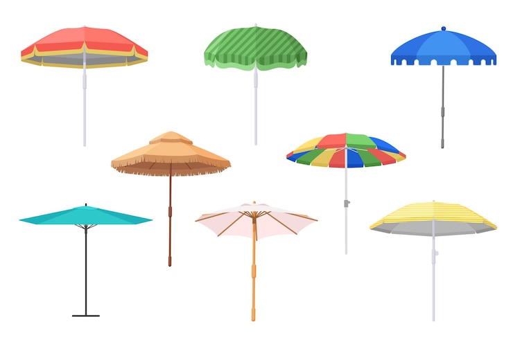Vecteur set de parapluies de plage ouverts collection de parasols mignons pour les vacances d'été en mer tropicale