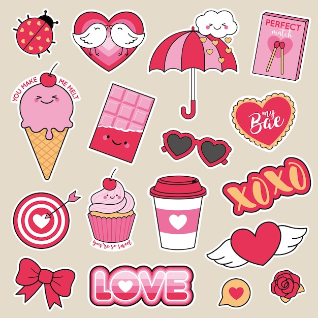 Vecteur set de patchs de mode pour filles, des insignes de dessins animés mignons, des autocollants amusants, des vecteurs de conception d'amour romantique.