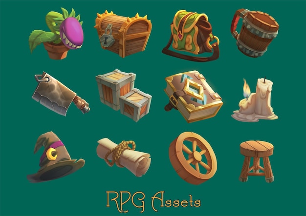 Vecteur set de peinture numérique d'actifs rpg