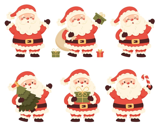 Set de Père Noël dans différentes poses et activités sur fond blanc