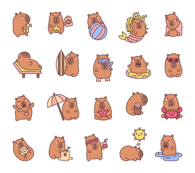 Set de personnages de dessins animés capybara joyeux