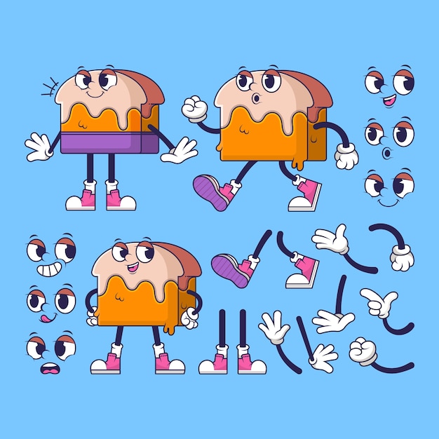 Set de pièces de dessins animés rétro dessinées à la main