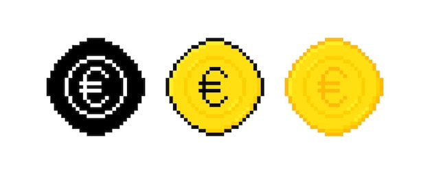 Set de pièces en euros à 8 bits avec des pixels d'art Illustration vectorielle de monnaie en or