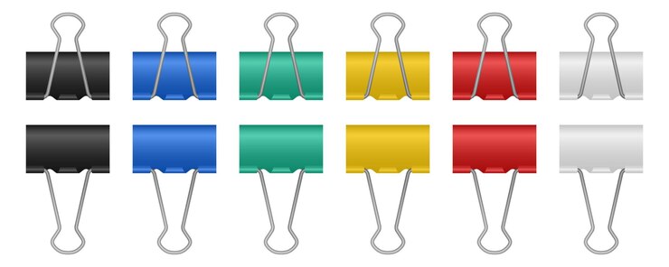 Vecteur set de pinces à reliure multicolores porte-papier noir, bleu, vert, jaune, rouge et blanc