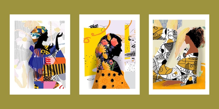 Vecteur set de portraits de femmes formes géométriques abstraites dessinées à la main illustration d'art mural vectoriel