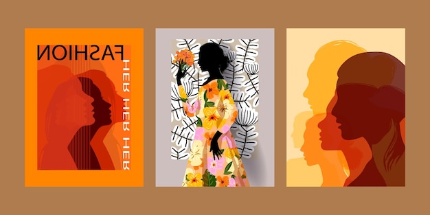 Set de portraits de femmes formes géométriques abstraites dessinées à la main illustration d'art mural vectoriel