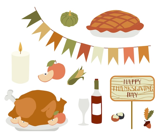 Vecteur set pour le jour de thanksgiving dîner de célébration illustration vectorielle symboles traditionnels des vacances d'automne sur un fond blanc pâte de dinde plate saisonnière vins drapeaux guirlandes fruits et feuilles d'hiver