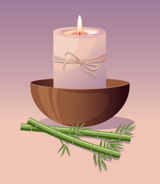 Set Pour Le Spa Et La Relaxation Avec Une Coupe En Bois De Bougie Et Des Branches De Bambou Illustration Vectorielle