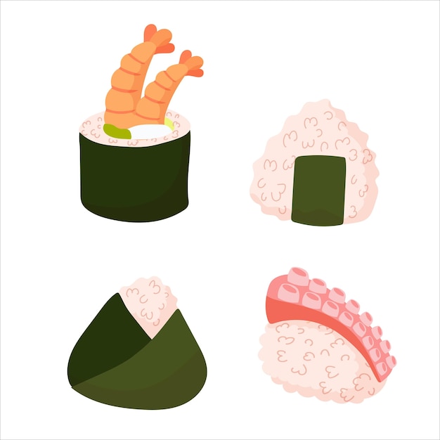 Set Pour Sushi Différents Types De Sushis Et Rouleaux Rouleau Japonais Traditionnel Avec Caviar Tobiko Original Avec Fromage Philadelphie Et Sauce Soja Saumon Et Crevettes Royales Illustration Vectorielle