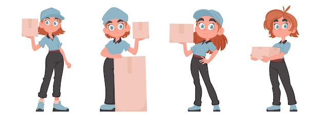 Vecteur set de quatre jolies livreuses tenant une boîte en papier dans leurs mains femme de livraison portant un uniforme bleu style dessin animé vectoriel