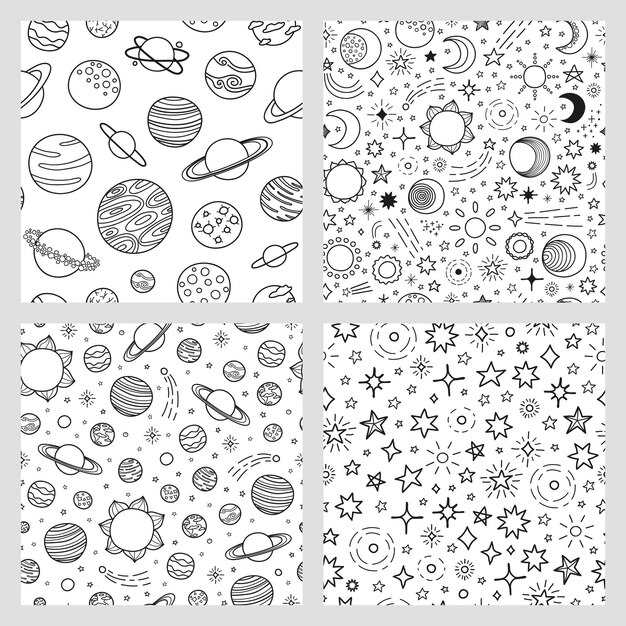 Vecteur set de quatre motifs sans couture en noir et blanc avec des contours dessinés à la main des planètes spatiales soleil lune étoiles