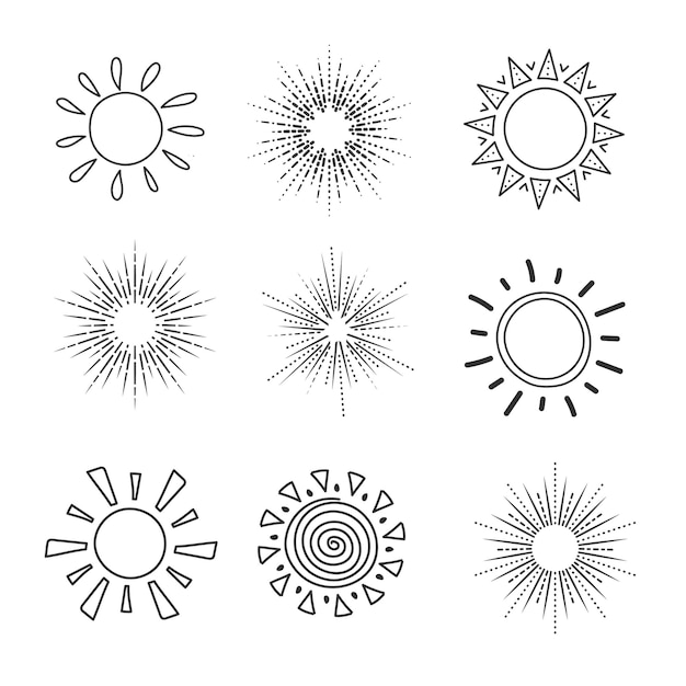 Set de rayons solaires vintage de différentes formes à la mode dessinés à la main éléments de conception de rayons explosifs rétro