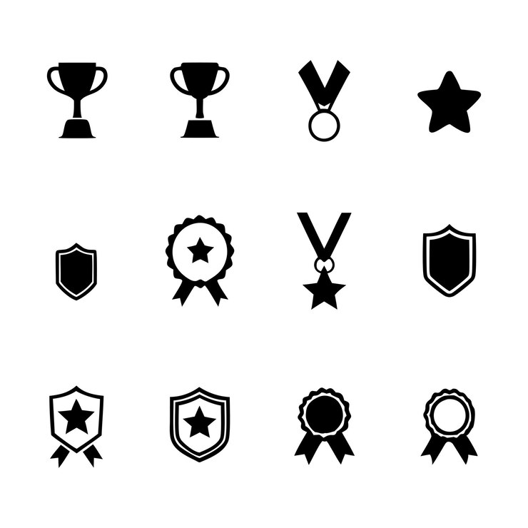 Vecteur set de récompenses en or, argent et bronze avec des icônes de trophées, de coupes et de médailles symbolisant le succès