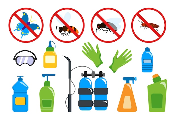 Set de répulsifs d'insectes dans un style de dessin animé Illustration vectorielle de différents types de répulsif d'insects bouteilles pulvérisateurs atomisateurs cylindres lunettes de protection gants isolés sur un fond blanc
