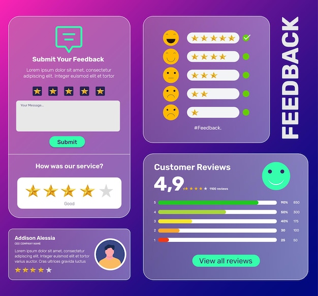 Set de rétroaction avec des notes d'étoiles, des critiques de clients