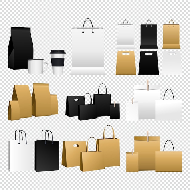 Set de sacs de papier en carton 3D réalistes vides en kraft