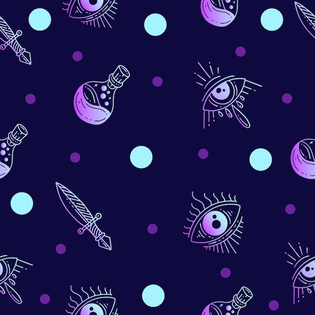 Set Seamless Pattern Mystical Celestial Simple Minimalism Tattoo Symbol With Light Blue and Purple Random Circle Object Space Doodle Esoteric Elements Vintage Illustration Dark Blue