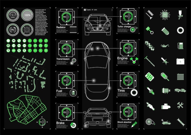 Set Service De Voiture Futuriste, Numérisation Et Analyse Automatique Des Données. Bannière De Voiture Intelligente