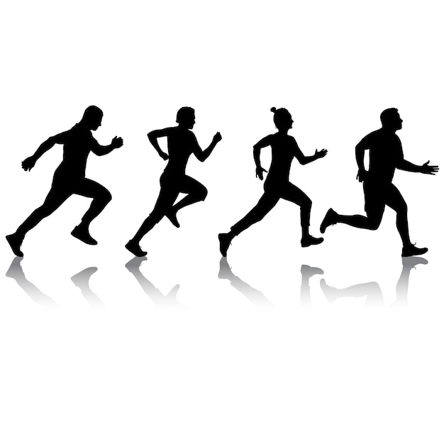 Set de silhouettes coureurs sur sprint hommes et femmes sur fond blanc