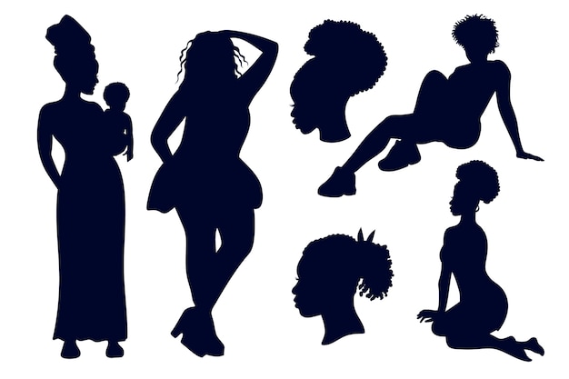 Vecteur set de silhouettes de femmes noires dessinées à la main