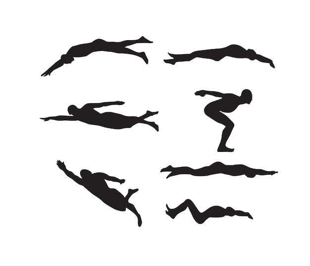 Vecteur set de silhouettes d'hommes nageants dessinées à la main par vecteur libre