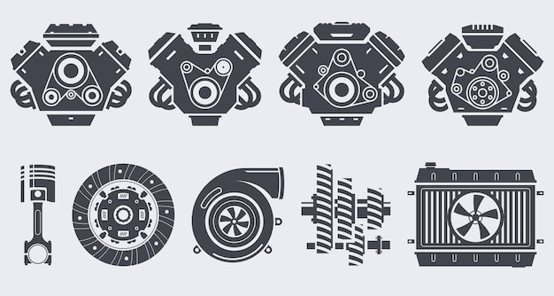 Vecteur set de silhouettes de moteurs de voitures et d'autres détails icons de pièces de voiture