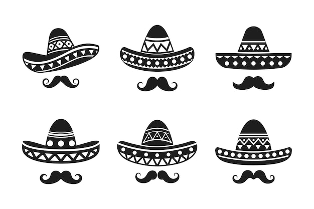 Set de silhouettes de sombrero et de moustache mexicains icônes vectorielles traditionnelles de la fête