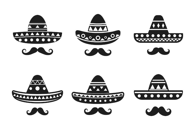 Set de silhouettes de sombrero et de moustache mexicains icônes vectorielles traditionnelles de la fête