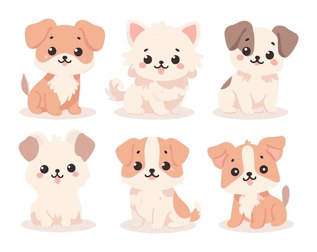 Vecteur set de six mignons chiens de dessins animés avec différentes couleurs de fourrure assis et souriants adorables chiots avec des expressions heureuses illustration vectorielle