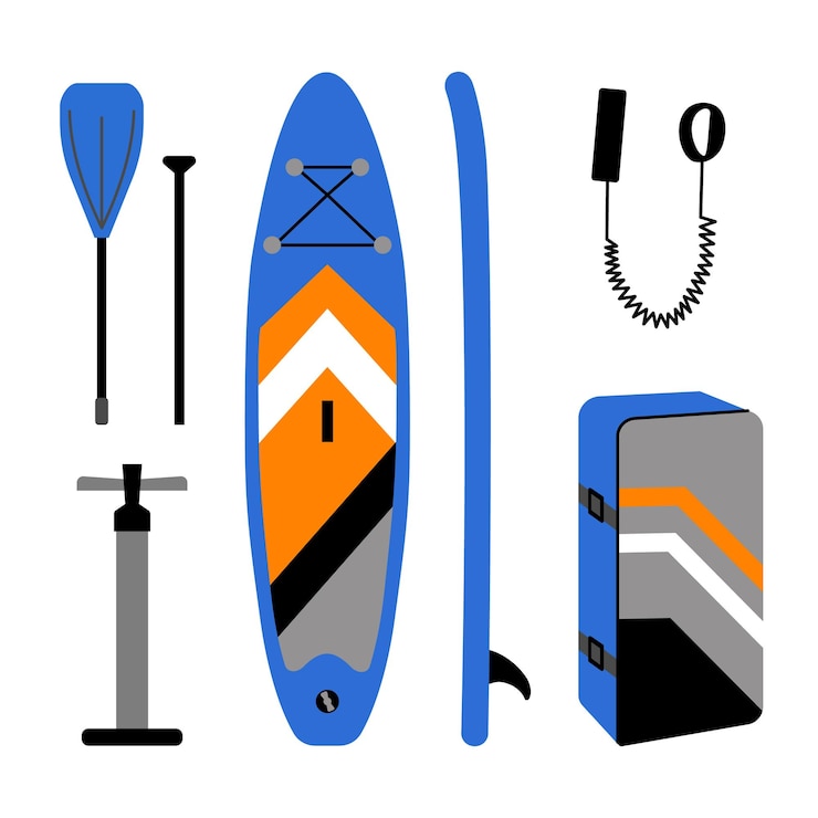 Vecteur set de standup paddleboard et accessoires sup board pompe ailes et rames illustration de style plat
