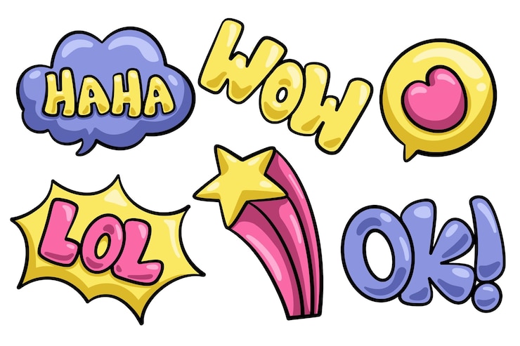 Vecteur set de stickers amusants dessinés à la main collection d'éléments de haha wow amour lol étoile ok vecteur isolé