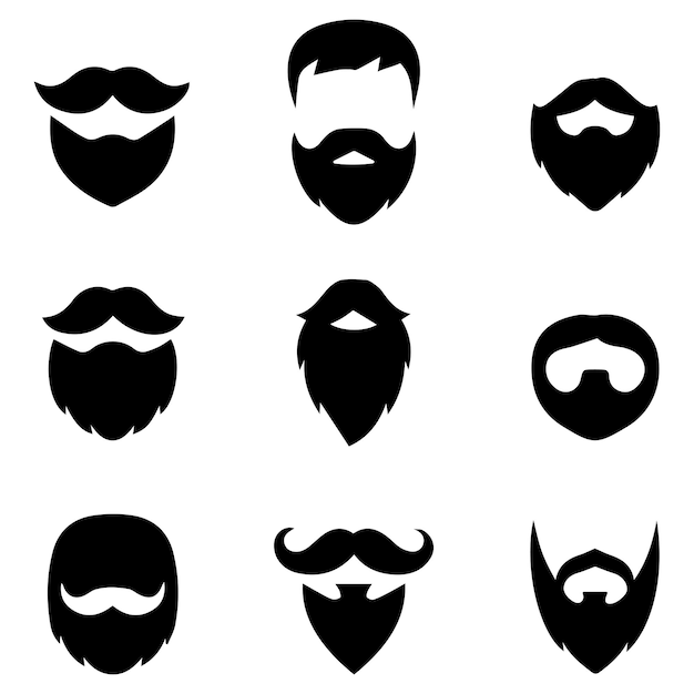Set de styles de cheveux faciaux sur blanc Barbes et moustaches types grande collection Silhouette barbe et moustache vintage Style hipster emblèmes icônes étiquettes