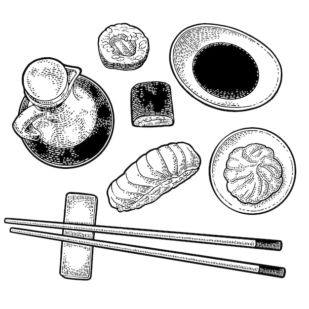 Set Sushi Chopsticks wasabi nigiri rolls et planche de service en bois sauce soja dans une bouteille en verre et un bol Isolé sur fond blanc Isolé sur fond blanc Gravure de vecteur noir Vintage