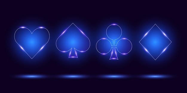 Set de symboles de cartes à jouer des panneaux de néon brillants sur une illustration vectorielle de fond sombre