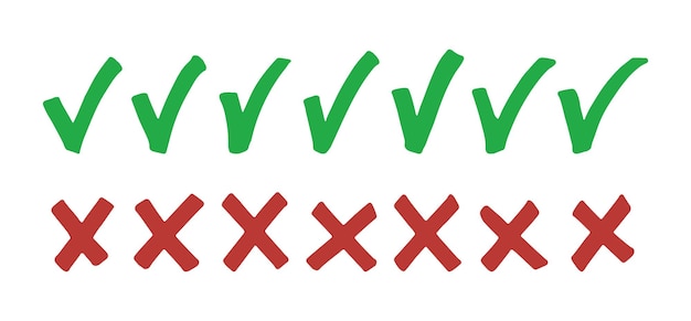 Set de symboles de liste de contrôle de marqueurs dessinés à la main Icones vectorielles de marque de contrôle verte et de marque de croix rouge