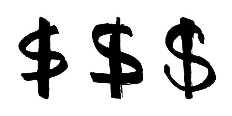 Vecteur set de symboles de monnaie en dollars dessinés à la main, griffon de coup de pinceau, élément unique pour la conception