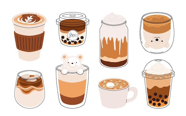 Set de tasses de café avec des motifs d'art latte vue avant lapin mignon formes de mousse de fleur et de cœur Café Bar ou Café Graphics Icons d'illustration vectorielle